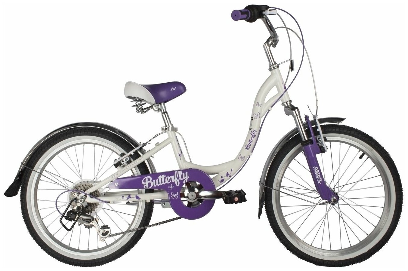 Велосипед NOVATRACK BUTTERFLY 20" (2022) (Велосипед NOVATRACK 20" BUTTERFLY сталь, белый-фиолет, 6-скор, TY21/RS35/SG-6SI, V-brake, багажник)
