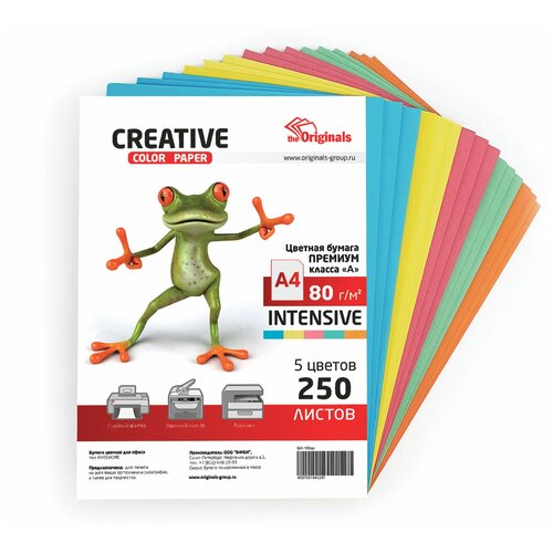 Бумага цветная CREATIVE color, А4, 80 г/м2, 250 л, (5 цветов х 50 л.), микс интенсив, БИpr-250r