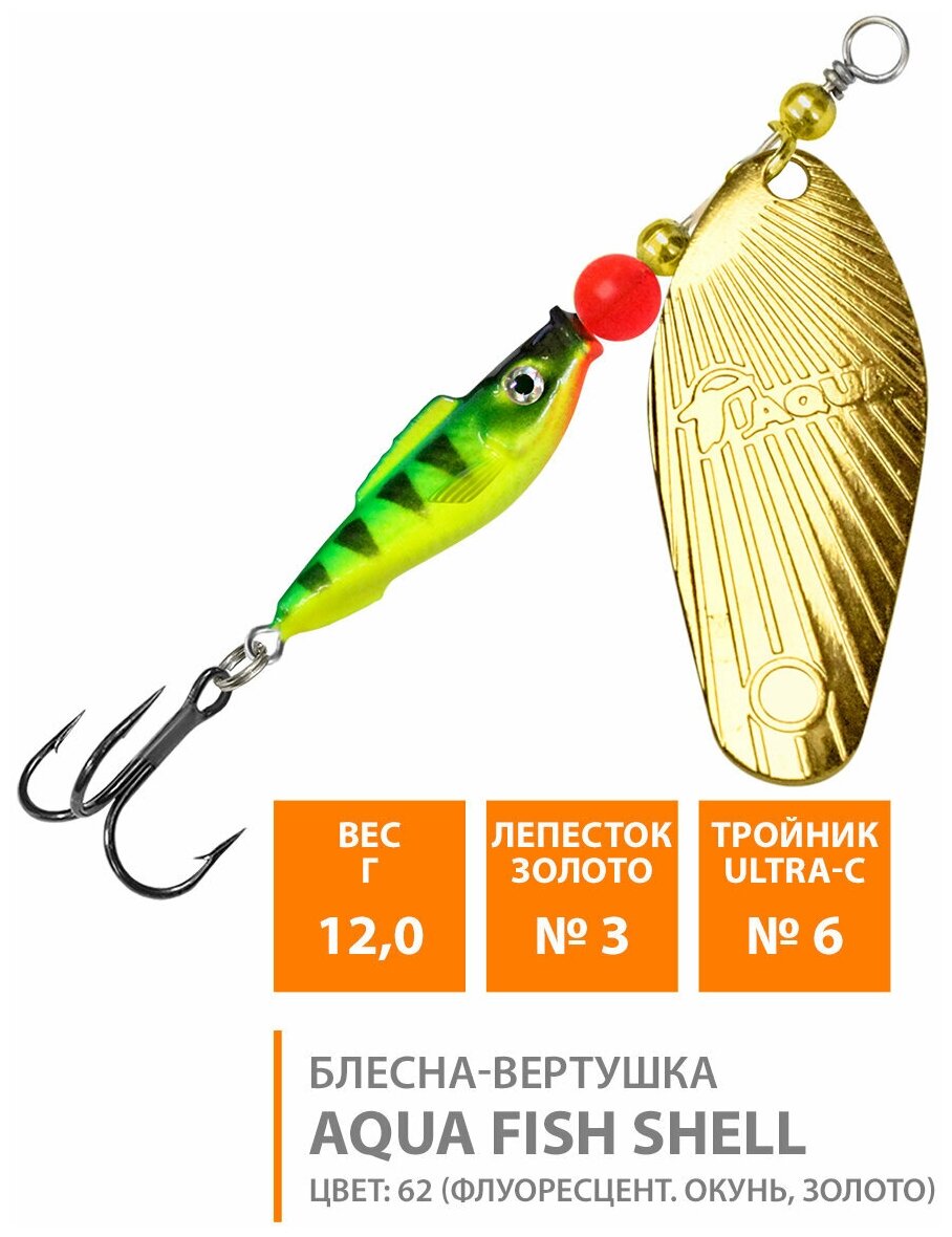 Блесна вращающаяся для рыбалки AQUA FISH SHELL / вертушка на окуня судака щуку форель