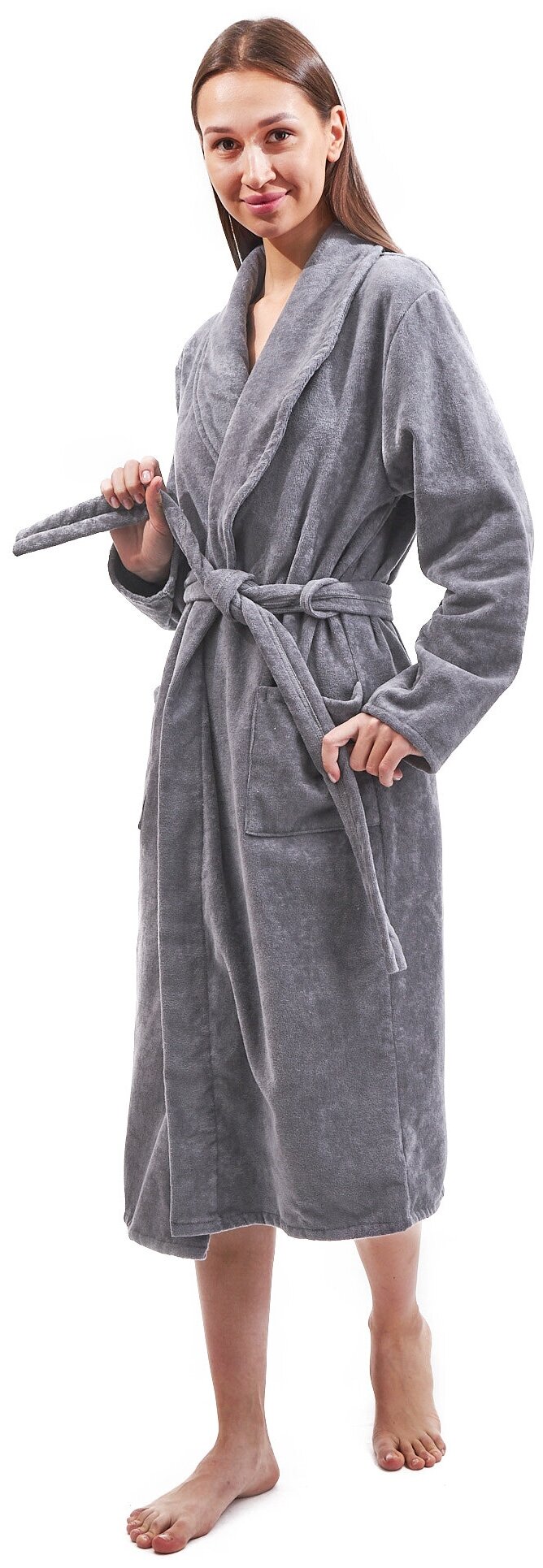 Велюровый женский халат серый Elintale (серый), 56-58 - фотография № 1