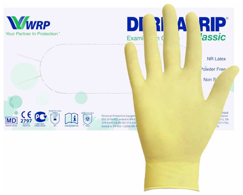 Перчатки смотровые WRP Dermagrip Classic, 50 пар, размер: S, цвет: светло-желтый