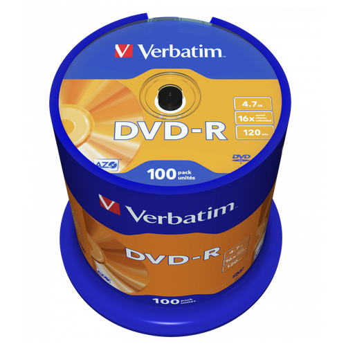 Диск Verbatim DVD-R 4.7 Gb 16x, Cake Box, 100шт, (43549)