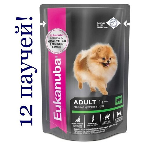 Влажный корм для собак Eukanuba, с говядиной в соусе (альтернатива Royal Canin Mini Adult), 85г.*12шт