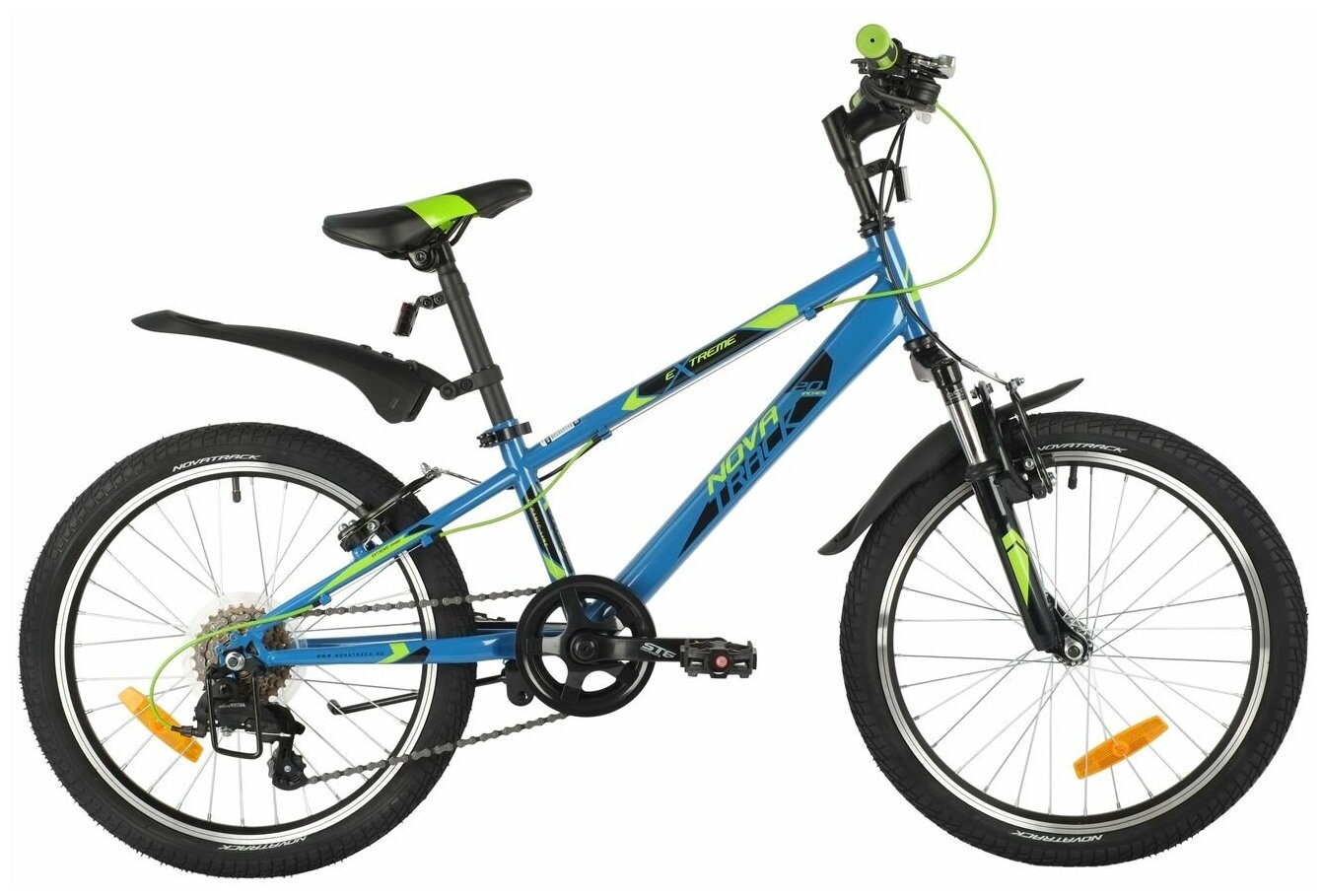 Велосипед NOVATRACK EXTREME 20" (2021) (Велосипед NOVATRACK 20" EXTREME синий, сталь, 6 скор, Shimano TY21/Microshift TS38, V- brake тормо)