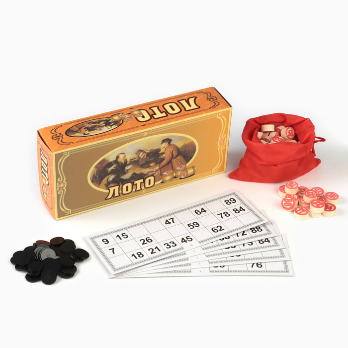 Настольный игра лото , Лото деревянная, 90 бочонков, 24 карточки, 40 фишек, тканевый мешок, пр. Китай — фото 1