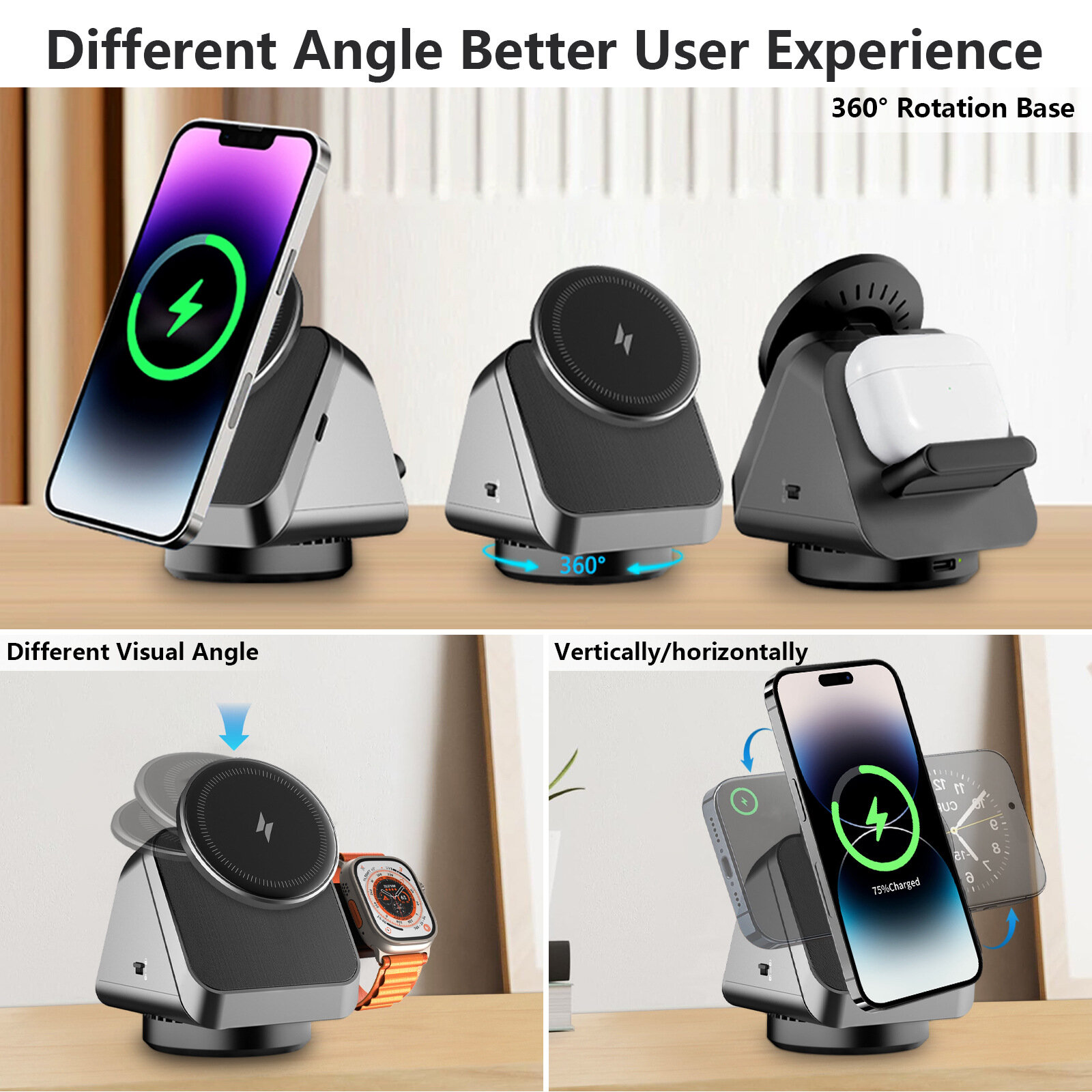Беспроводное зарядная Док-Станция Dock Station Magsafe N52 для iPhone, Samsung, Xiaomi, AirPods, Apple Watch, с быстрой зарядкой, чёрный — фото 1