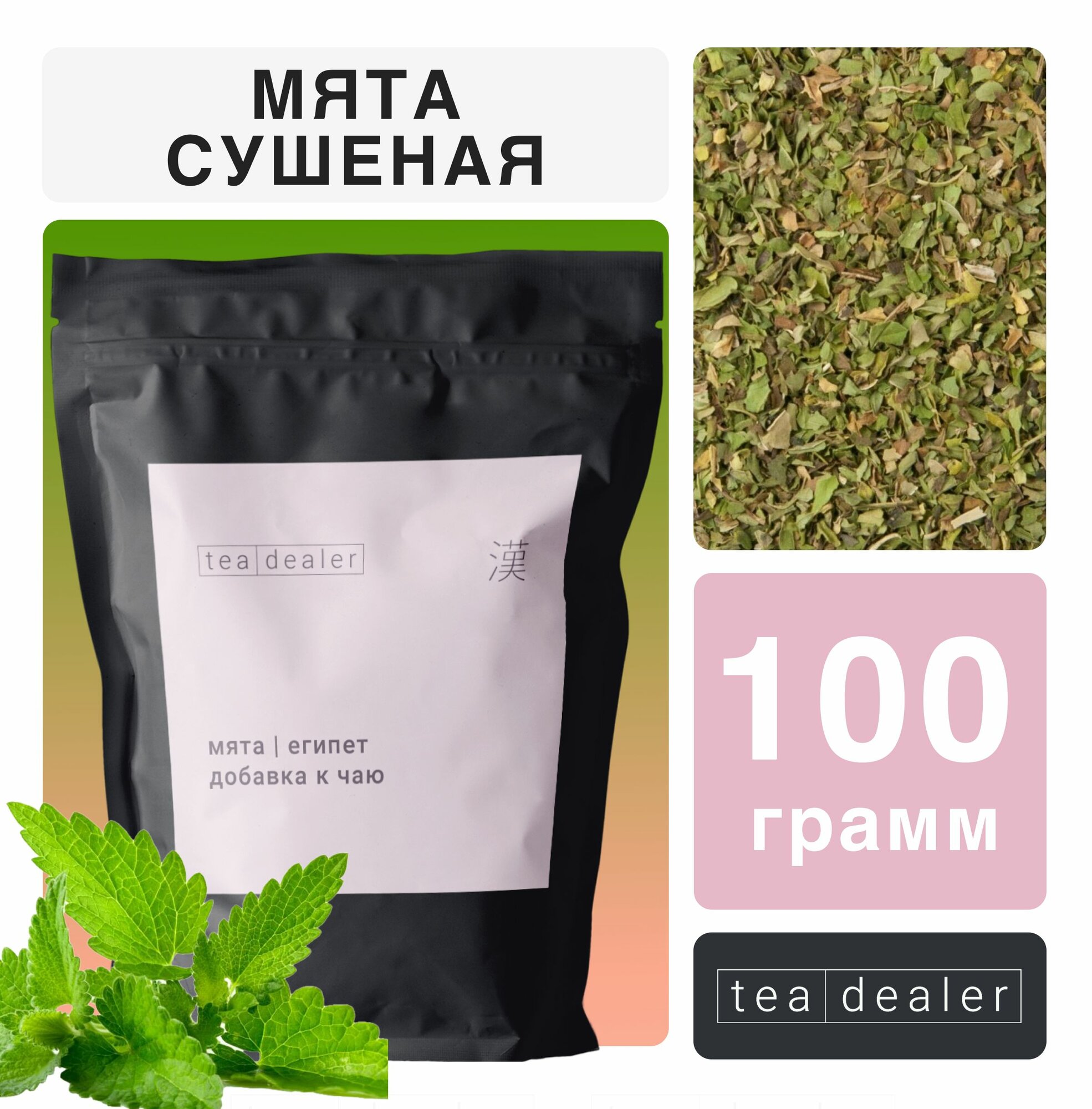 Травяной Чай Мята Сушеная, Перечная 100 гр. Tea Dealer, (Сушеная Чайный Напиток из Листьев Мяты, Подарочный)