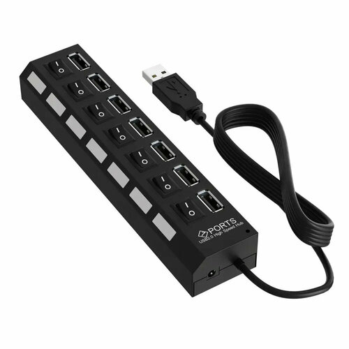 USB - концентратор, разветвитель, хаб на 7 портов с выключателем, 1А, 5 В, USB 2.0, LED-подсветка, черный