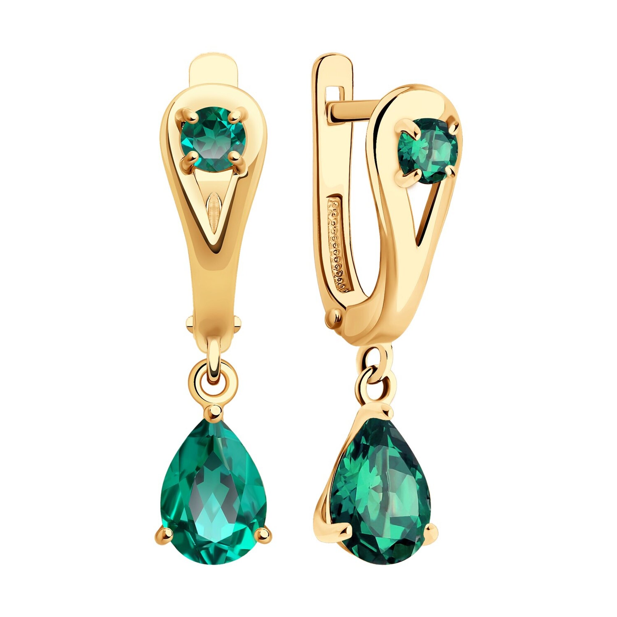 Серьги Diamant online, красное золото, 585 проба, изумруд синтетический, длина 2.3 см, , зелeный — фото 1