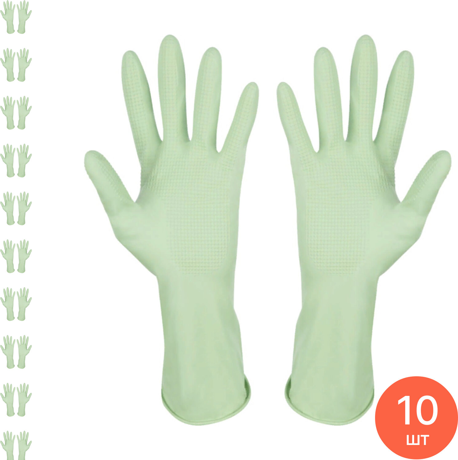Перчатки хозяйственные Рыжий кот латексные повышенной прочности с хлопковым напылением зеленые размер L / товары для дома (комплект из 10 шт)