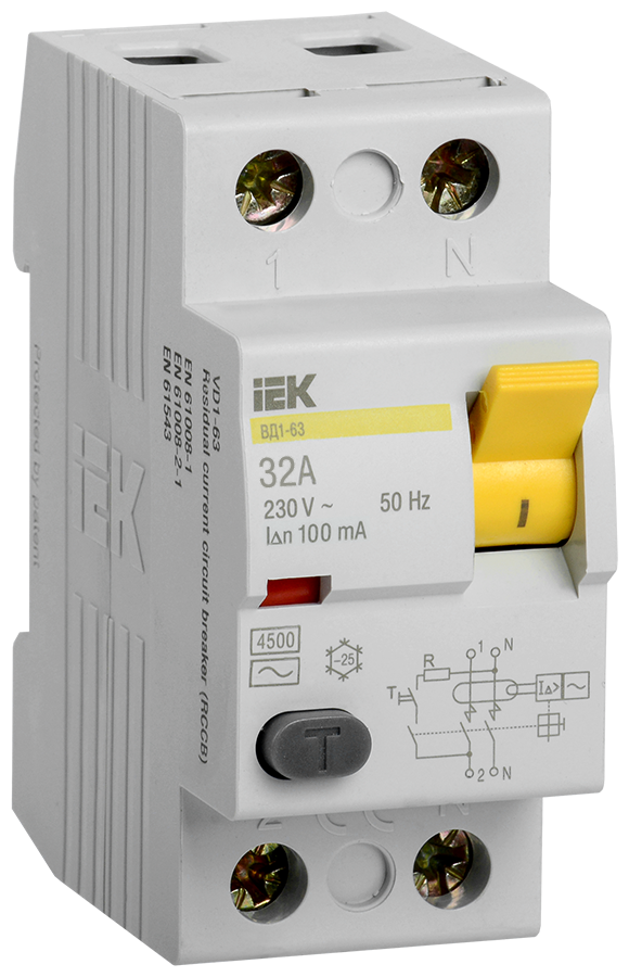Выключатель дифференциального тока (УЗО) 2п 32А 100мА тип AC ВД1-63 IEK MDV10-2-032-100 (2шт. в упак.)