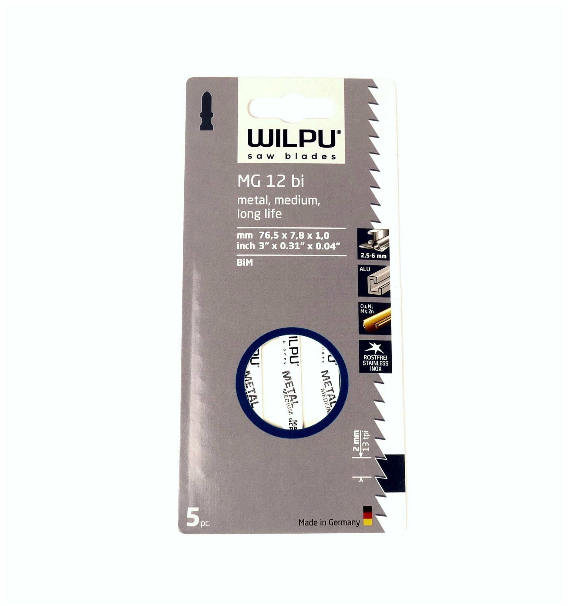 Пилка для лобзика WILPU MG 12 bi Арт.0265100005 Тип - T для стали, цветных металлов, алюминия от 2,5-6 мм уп.5 шт - фотография № 3