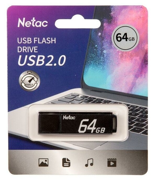 Флеш Диск Netac U351 64Gb , USB2.0, с колпачком, металлическая чёрная