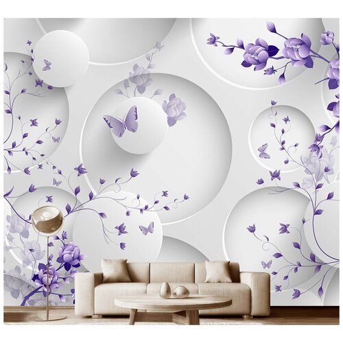 Фотообои на стену флизелиновые 3D Модный Дом Полет сиреневых бабочек 350x300 см (ШxВ)