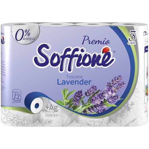Туалетная бумага Soffione Premio Toscana Lavender трехслойная белая 12 рул., белый, лаванда бумага туалетная soffione premio toscana lavender 3 слоя 4 рулон 10 архбум 397
