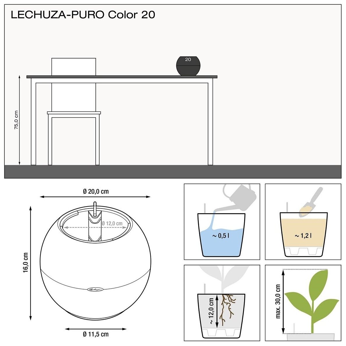 Кашпо с автополивом Lechuza PURO Color 20 темно-серое D20 H16 см