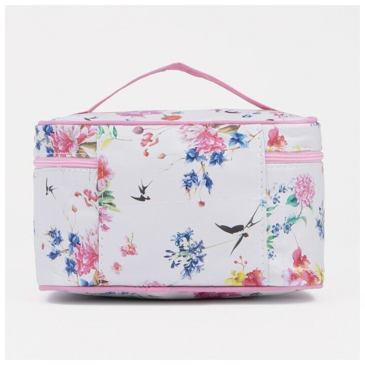 NNB Косметичка-сумочка, отдел на молнии, с зеркалом, цвет белый с розовыми вставками и принтом - фотография № 7