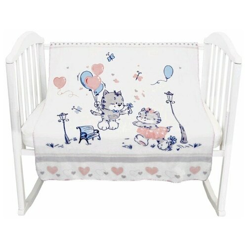 Плед детский плюшевый 100х118 Котята и сердечки, плед для новорожденных на выписку, для дачи, в кроватку, одеяло для малыша, на крестины