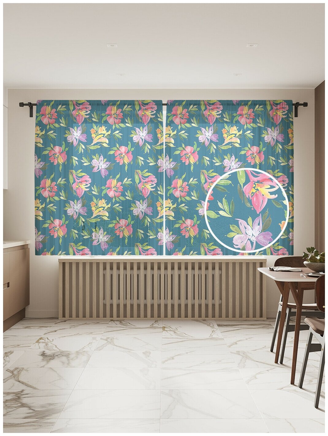 Тюль для кухни и спальни JoyArty "Акварельные цветы", 2 полотна со шторной лентой шириной по 145 см, высота 180 см.
