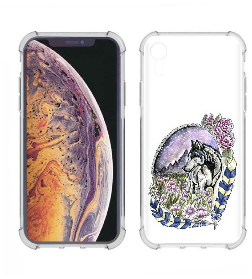 Чехол задняя-панель-накладка-бампер MyPads нарисованный волк в цветах с перьями для iPhone XR противоударный