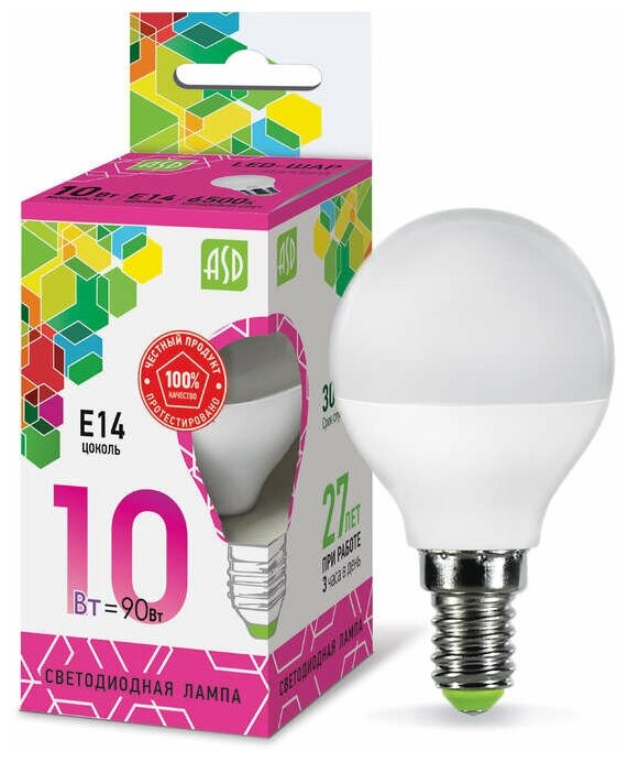 Лампа светодиодная LED-ШАР-standard 10Вт 230В E14 6500К 900Лм, ASD 4690612015460 (1 шт.)