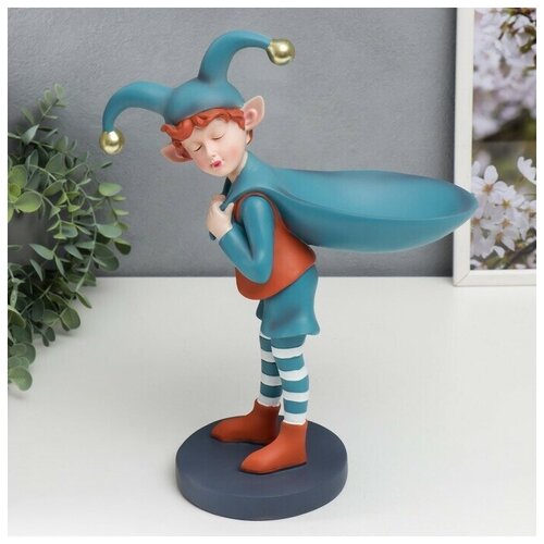 Сувенир полистоун подставка Малыш-скоморох с мешком оранжево-голубой 33х12,5х25,5 см