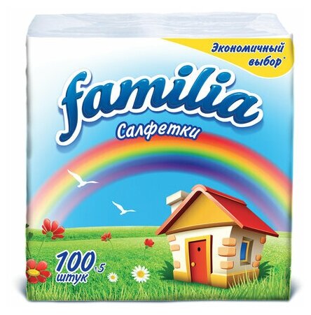 12 шт. Салфетки бумажные 100 шт, 24x23 см, FAMILIA, белые, 100% целлюлоза, 5039302, 5080553