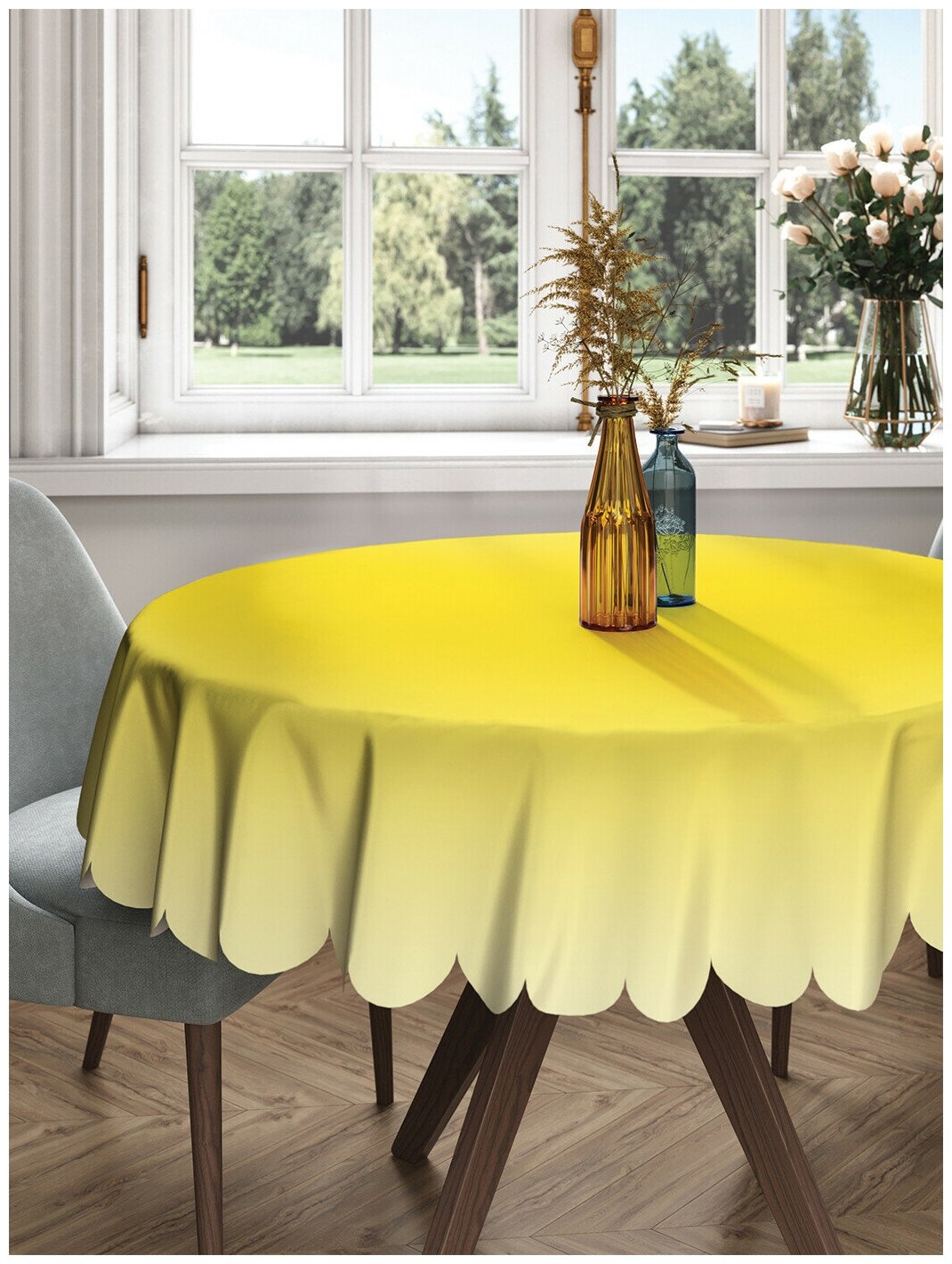 Круглая скатерть на кухонный и праздничный стол JoyArty "Желтый перелив" из сатена, диаметр 150 см