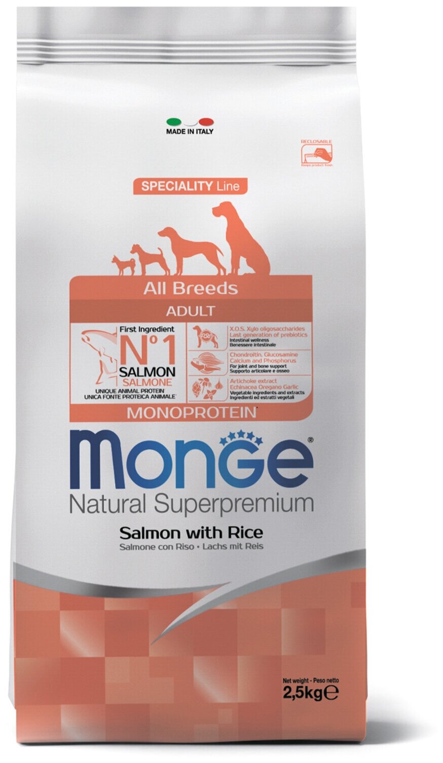 Сухой корм Monge Dog Speciality Line Monoprotein для взрослых собак всех пород, из лосося с рисом 2,5 кг