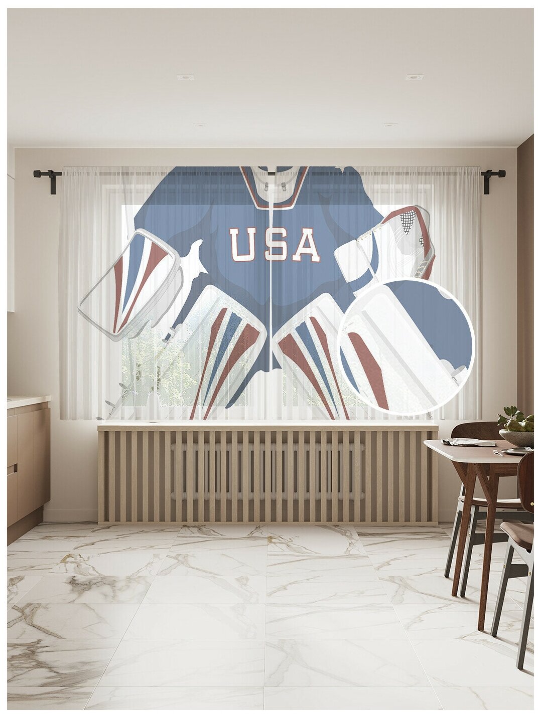 Тюль для кухни и спальни JoyArty "Значек вратара хоккея США", 2 полотна со шторной лентой шириной по 145 см, высота 180 см.