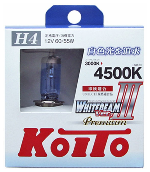 Лампа автомобильная галогенная KOITO Whitebeam III P0744W H4 4500K 12V 60/55W (135/125W) P43t