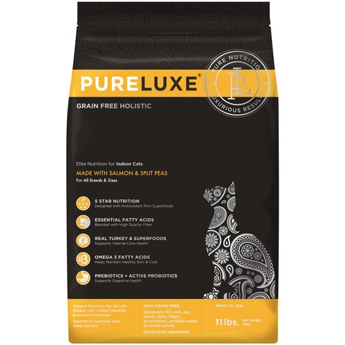 Сухой корм для кошек живущих в помещении PureLuxe с лососем, с горошком 5 кг