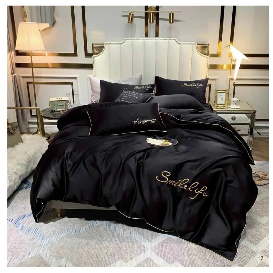 Комплект постельного белья Mency Черный, 2-x спальный с простыней Евро, наволочки 70x70, 50x70