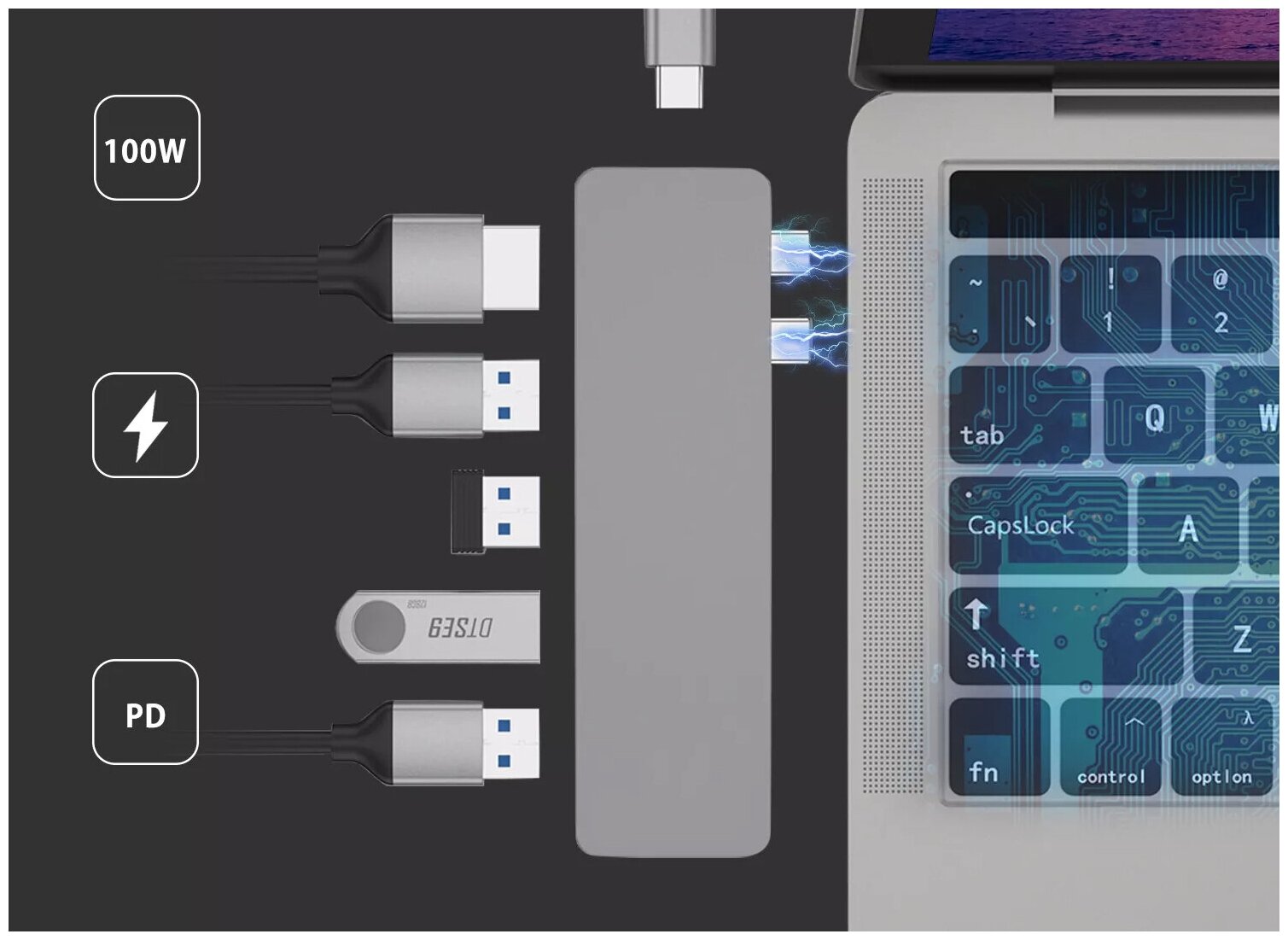 USB-концентратор / хаб / адаптер/ переходник / Aluminum Type-C 6 в 1 / USB 3.0 / HDMI / Type-C /(Gray) для MacBook