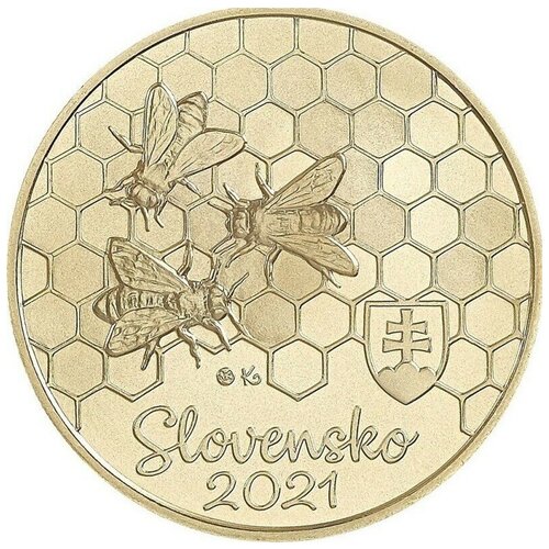 Монета 5 евро в капсуле медоносная Пчела. Словакия, 2021 г. в. Состояние UNC (из мешка)