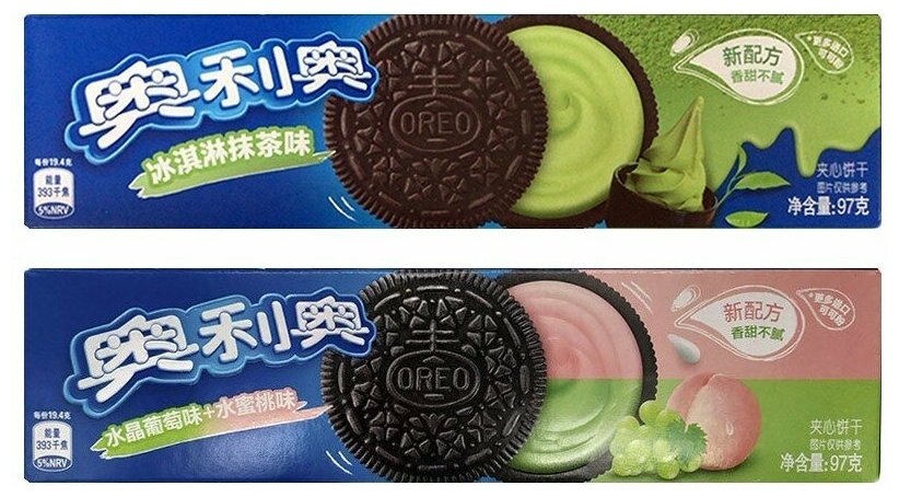 Печенье Oreo (Китай) мороженое и зеленый чай + виноград и персик (2 шт. по 97 гр.)