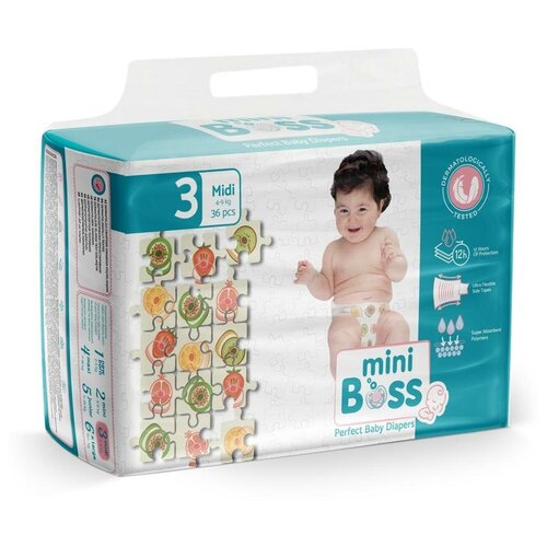 Детские подгузники Mini Boss № 3 Midi premium, 4-9 кг, 36 шт.