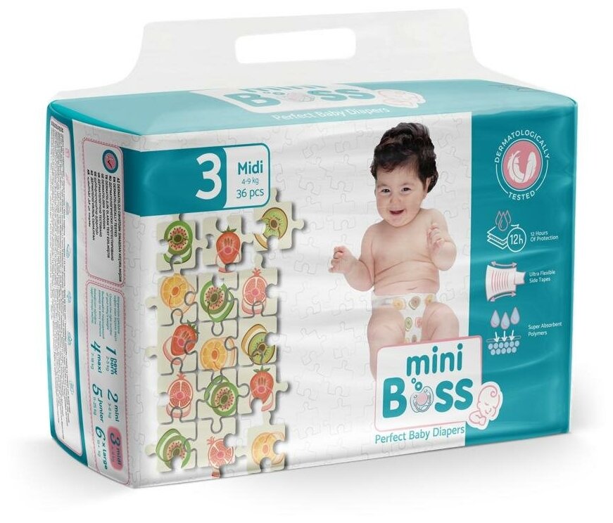 Детские подгузники Mini Boss № 3 Midi premium, 4-9 кг, 36 шт.