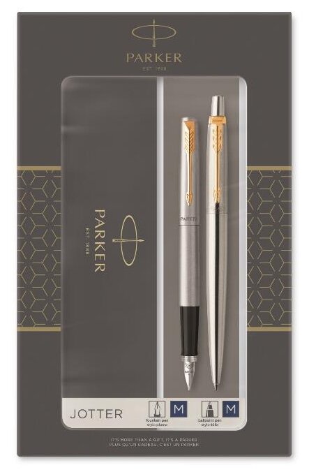Подарочный набор из 2-х ручек Parker Jotter Stainless Steel GT перьевая и шариковая ручки в подарочн