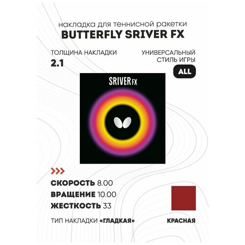 Накладка BUTTERFLY SRIVER FX (гладкая) цвет красный, толщина 2.1