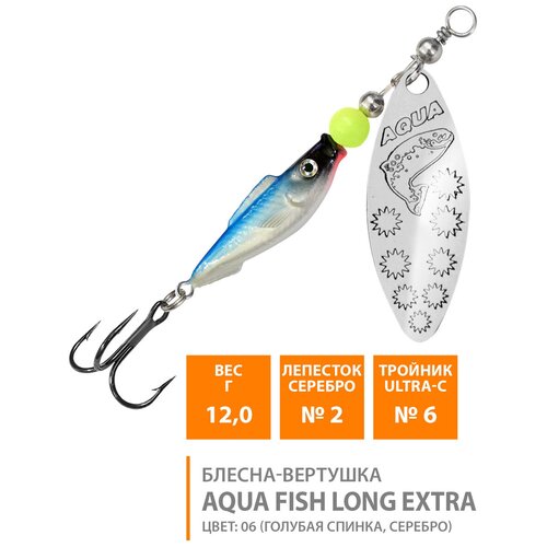 Блесна вертушка для рыбалки AQUA Fish Long Extra-2, 12g лепесток №2 цвет 06 вомер extra fish х к кг