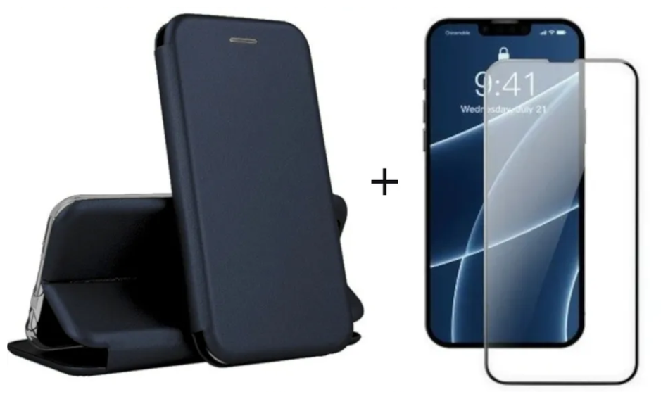 Выгодный комплект 2 в 1 для Apple iphone 13 Pro Max : чехол - книжка кожа темно-синий + защитное стекло полноэкранное 21D черная рамка