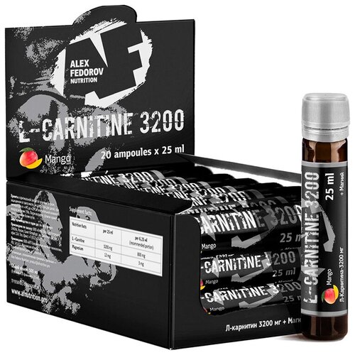 Жиросжигатель, L-Carnitine 3200, вкус манго, карнитин, Alex Fedorov Nutrition, 20 ампул по 25мл