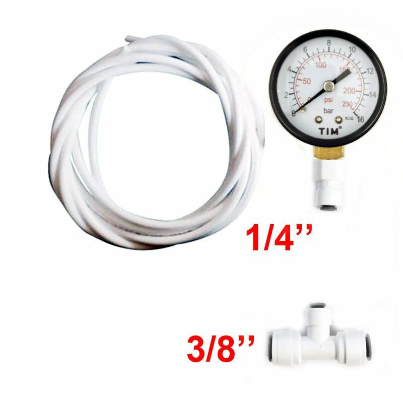 фото Манометр радиальный 0-16 бар для фильтра воды с фитингами и трубкой 1/4" на магистраль 3/8"