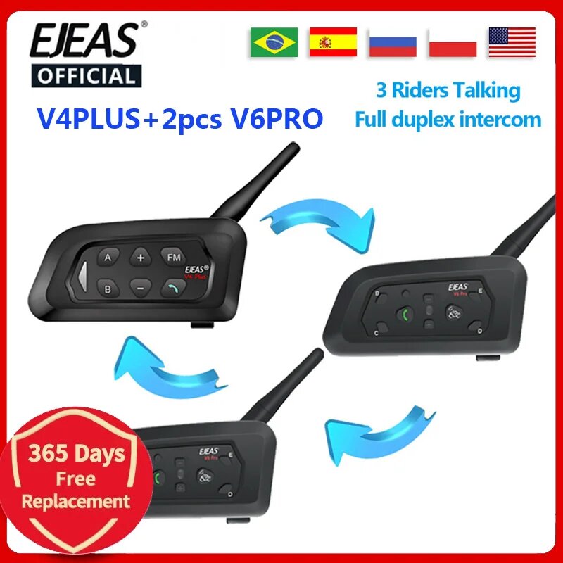 3 шт. в общей сложности (1 egeas V4 PLUS + 2 шт. V6 PRO), Bluetooth-гарнитура для шлема 3 водителя, 1200 м, полнодуплексный интеркомератор, Черный