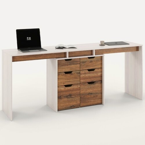 Изображение товара Компьютерный стол двойной, с тумбой, с ящиками Есэндвич Double Grand Лаворо 220х60х75 см (Анкор белый/Дуб Аризона)