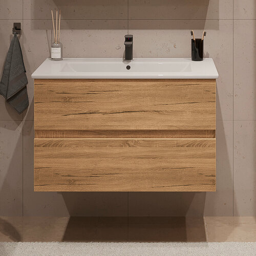 Изображение товара Тумба подвесная SanStar Lavanti 90 с раковиной Квадро 90 (комплект) для ванной комнаты, Дуб вотан