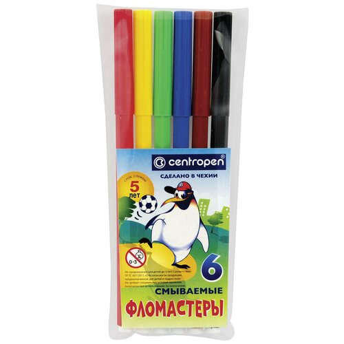Фломастеры 6 цветов CENTROPEN "Пингвины", смываемые, вентилируемый колпачок, 7790/6ET, 7 7790 0686 В комплекте: 3шт.