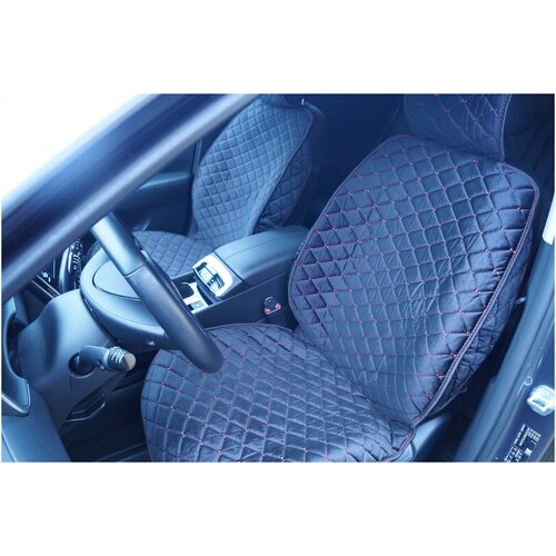 Накидки/чехлы на передние сиденья из чёрного велюра с красной строчкой с закрытыми боками