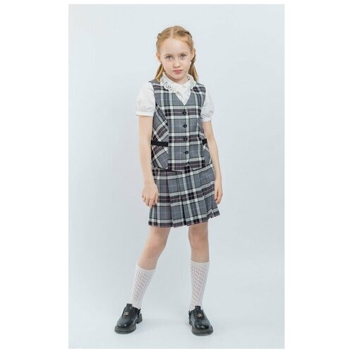 фото Жилет школьный для девочек заря серо-белая клетка, р-р 36